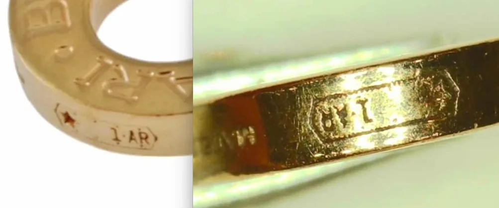 Microscope comparison of the Italian hallmark: genuine piece on the left, the examined piece on the right with a smudged letter A