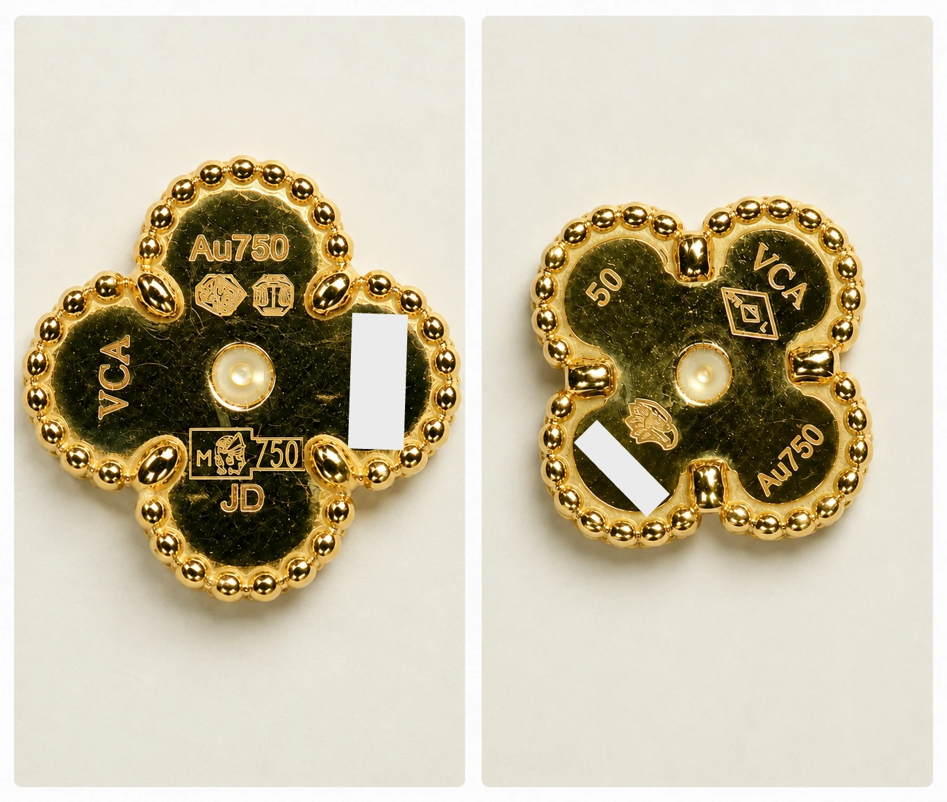 Hallmarks on two pairs of Van Cleef & Arpels Sweet Alhambra earrings, produced in 2022 and 2025