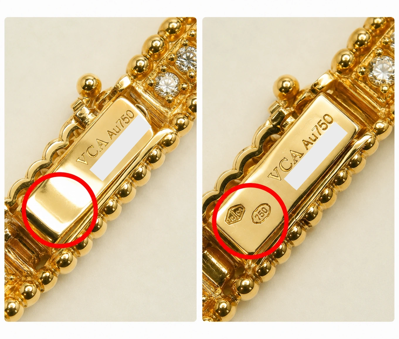 Two authentic Van Cleef & Arpels Perlée Diamonds 3-Row bracelets with different hallmark configurations