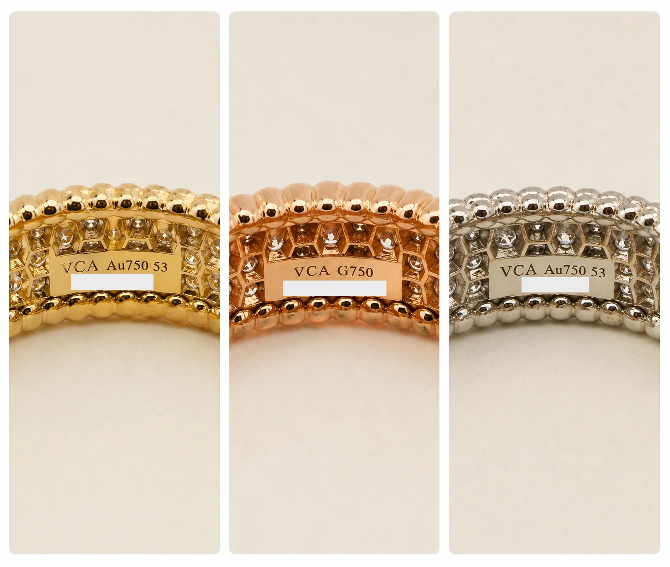 Engravings on three authentic Van Cleef & Arpels Perlée Diamonds 3-Row rings compared side by side