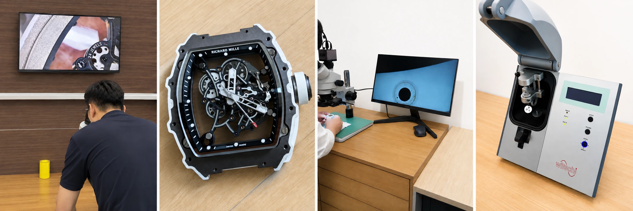 ONE OF ONE authentication bench — microscope inspection, a Richard Mille caseback, a stereo microscope with a live display, and Witschi timing equipment