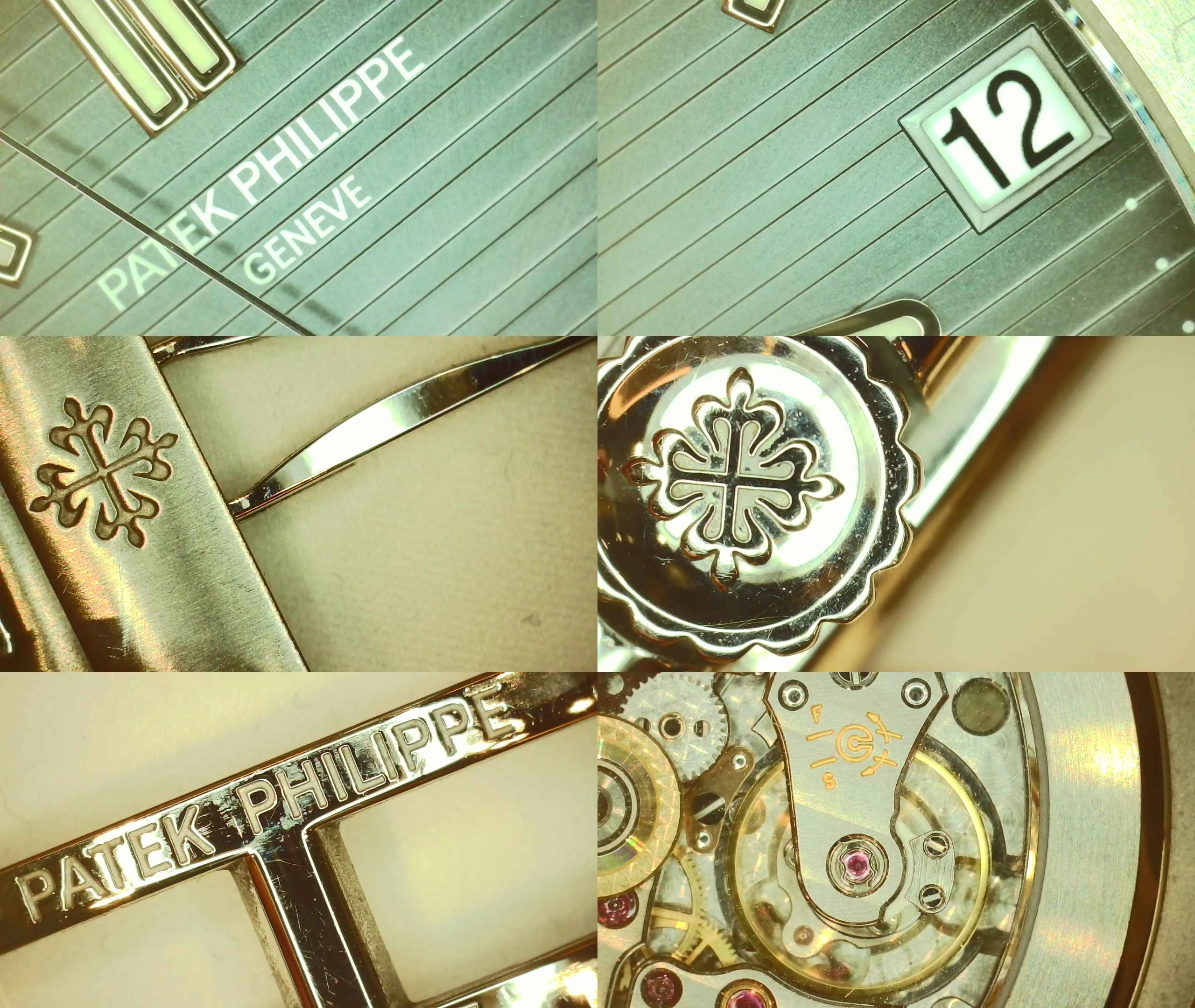 Patek Philippe dial, clasp, crown and movement details captured under a microscope during authentication