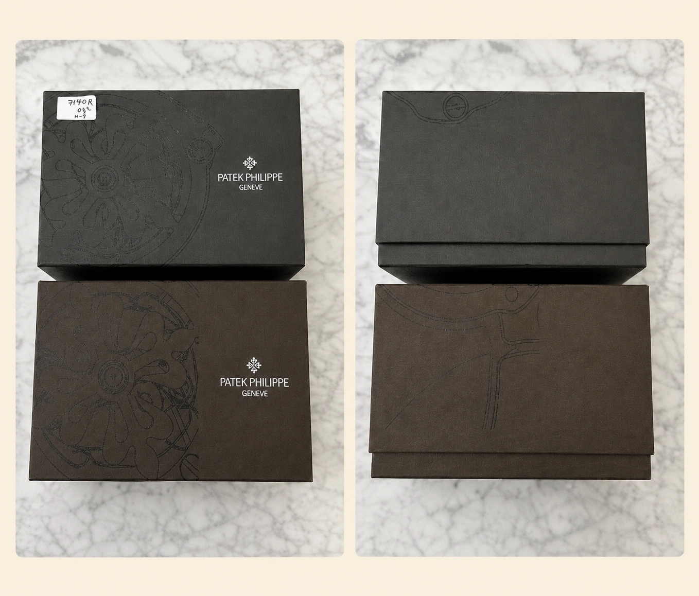 Patek Philippe presentation and outer boxes compared, authentic above and counterfeit below