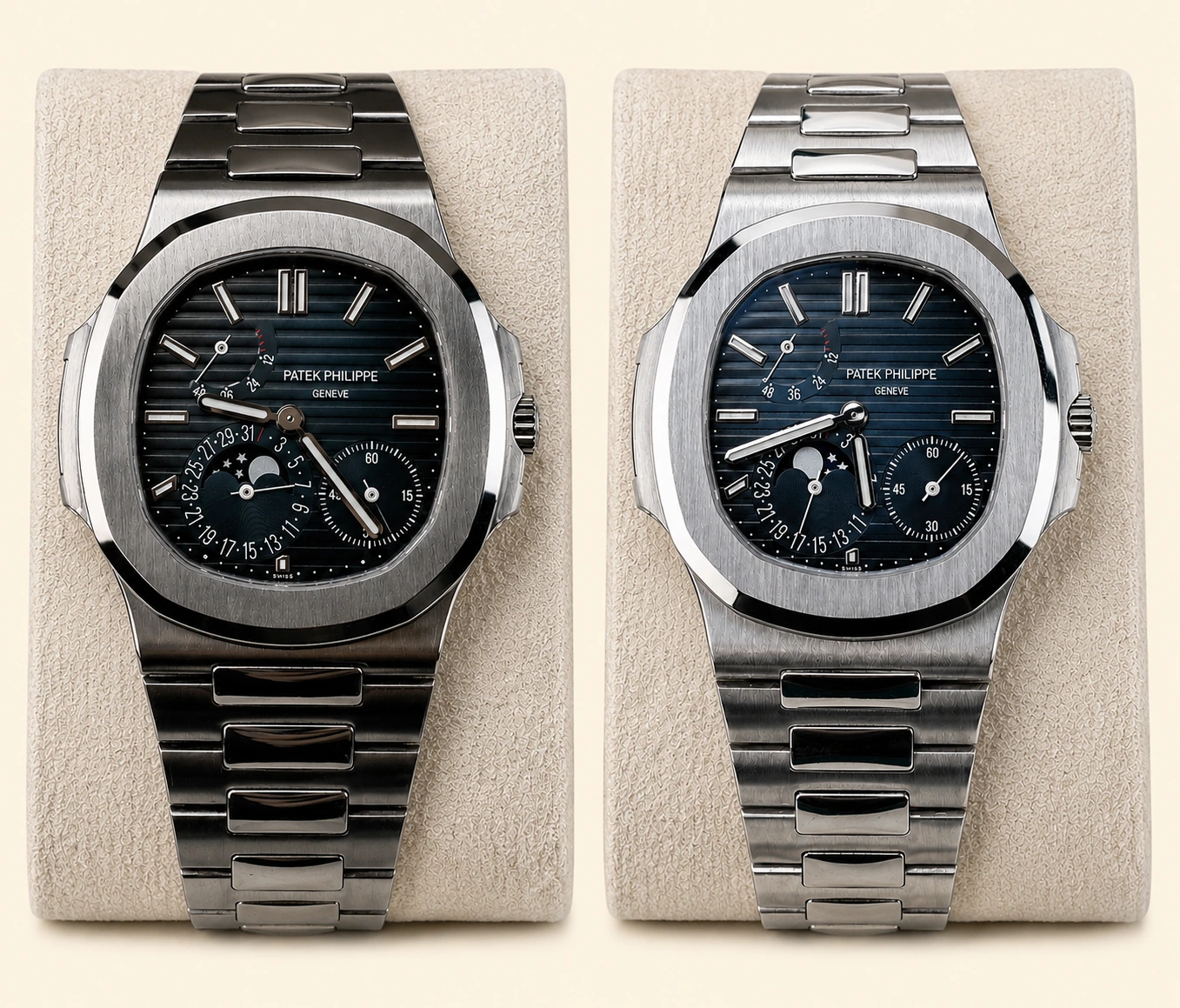 Patek Philippe Nautilus 5712/1A dials compared, authentic on the left and counterfeit on the right