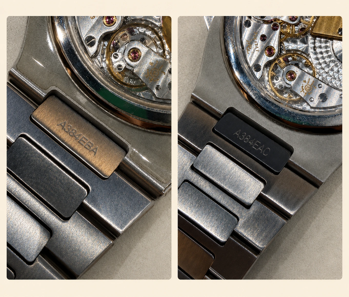 Patek Philippe Nautilus bracelet clasp codes compared, authentic on the left and counterfeit on the right