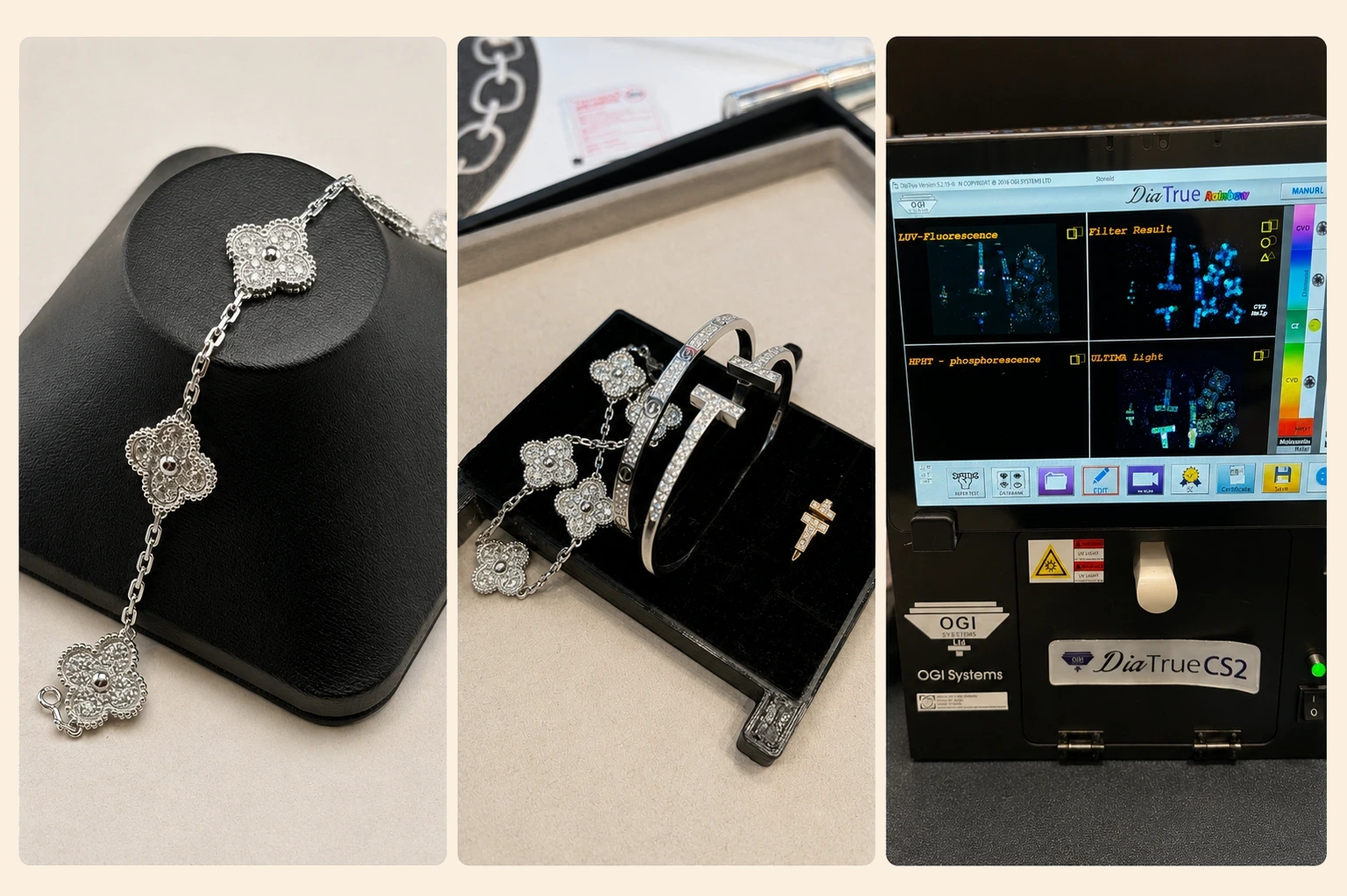 A Van Cleef & Arpels piece screened with professional diamond-testing equipment