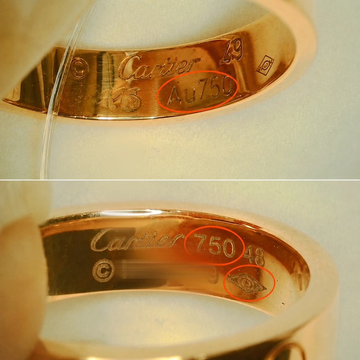 Cartier interior engravings compared — an earlier 750 hallmark beside a later Au750 hallmark