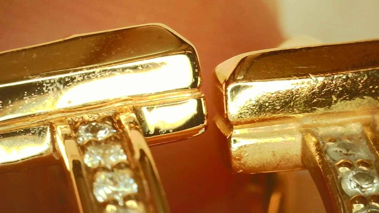 Side-by-side comparison of a genuine and fake Tiffany T1 pavé diamond ring, showing a difference in finishing quality