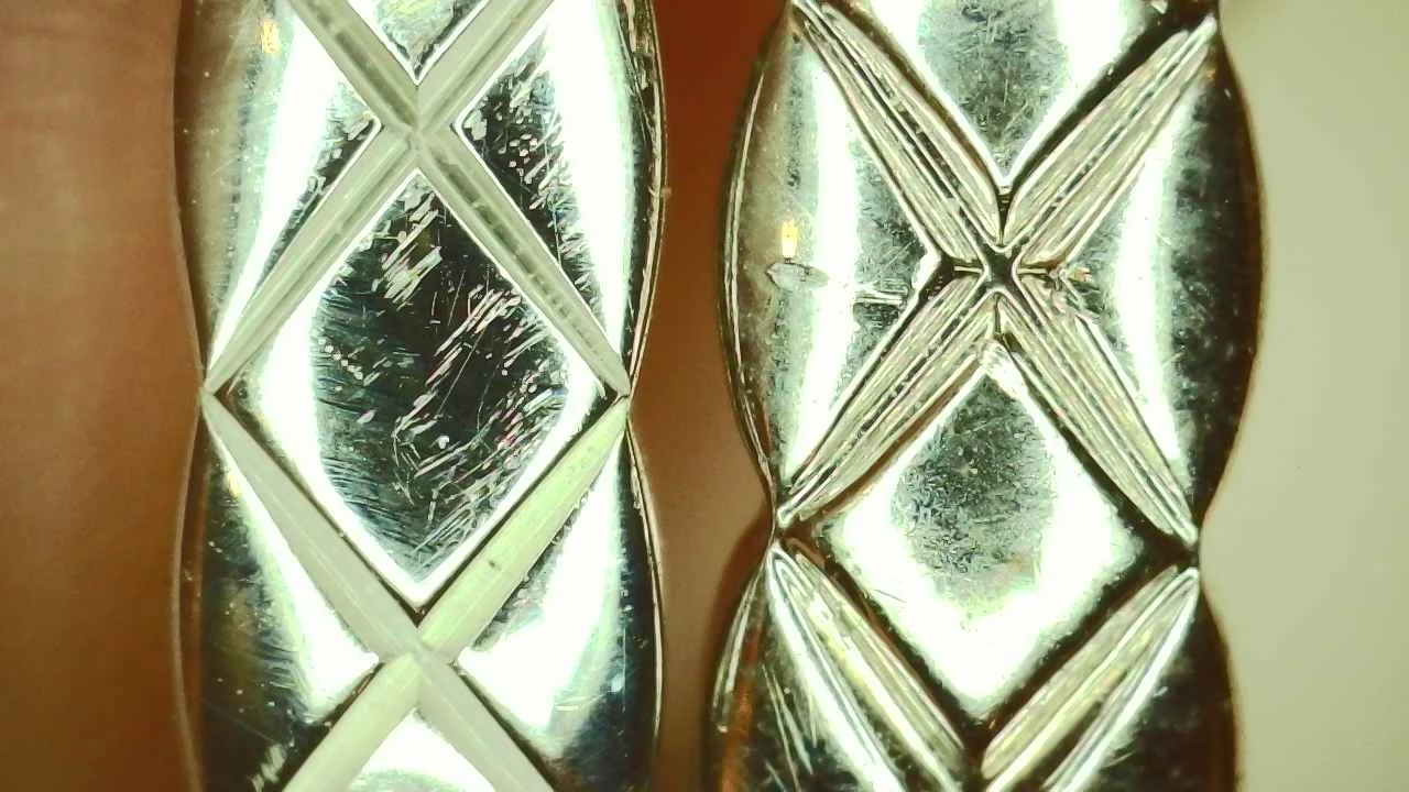 Side-by-side comparison of a genuine and counterfeit Chanel Coco Crush Mini ring showing quilted X-motif alignment and setting depth
