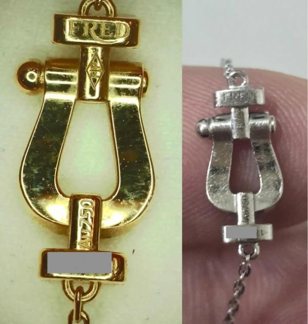 FRED Force 10 buckle engraving: genuine piece on the left, counterfeit on the right