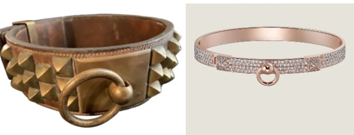 A vintage studded dog collar beside a Hermès Collier de Chien bracelet in rose gold with diamonds