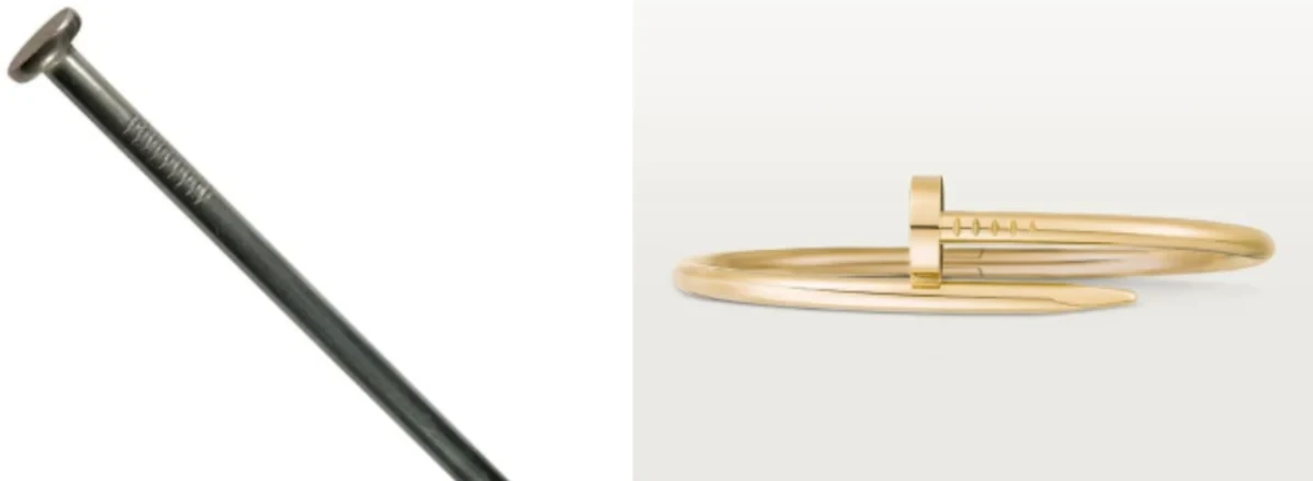 A common nail beside the Cartier Juste un Clou bracelet in yellow gold