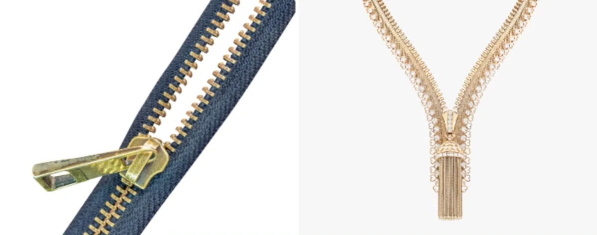 A metal zipper beside the Van Cleef & Arpels Zip necklace in yellow gold with diamonds