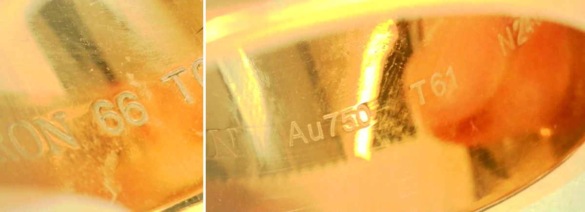 Microscope comparison of the size and fineness engravings: genuine on the left, counterfeit on the right