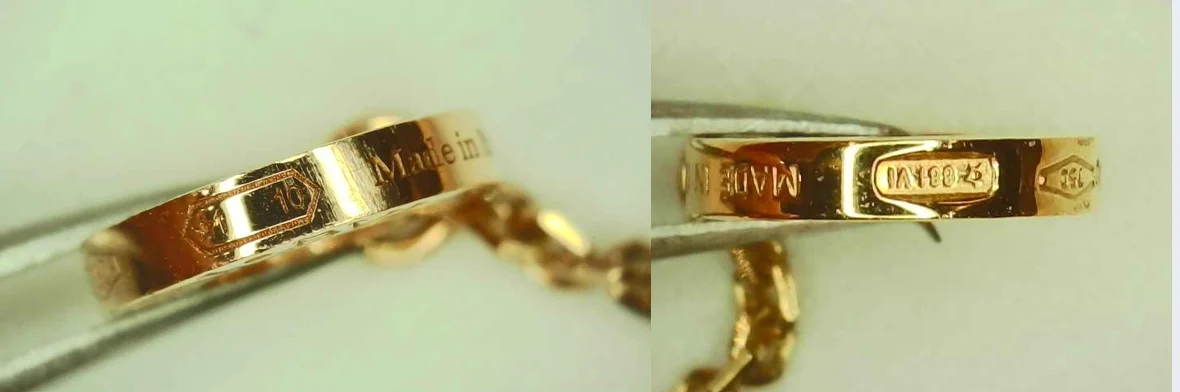 Microscope comparison of hallmarks: faint hexagonal stamp on the counterfeit at left, crisp 750 oval and maker marks on the genuine piece at right