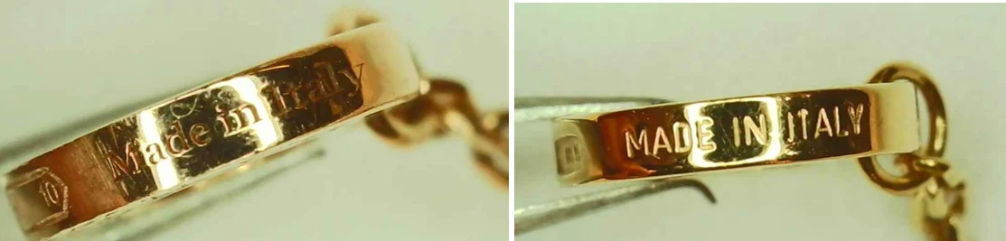 Microscope comparison of the Made in Italy engraving: counterfeit on the left in script lettering, genuine on the right in block capitals